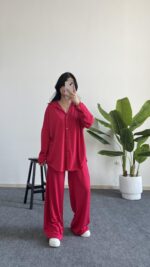 Lenora Gold Düğme Detaylı Pembe Salaş Takım