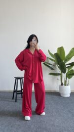 Lenora Gold Düğme Detaylı Pembe Salaş Takım - Görsel 4