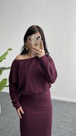 Mae Midi Modal Elbise - Bordo - Görsel 5