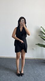 Mira Degaje Yaka Anvelop Elbise - Siyah - Görsel 6