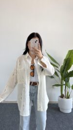 Nakışlı Keten Gömlek - Kahve - Görsel 2