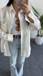 Nakışlı Keten Gömlek - Kahve - Görsel 5