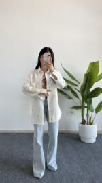 Nakışlı Keten Gömlek - Kahve - Görsel 4