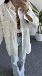 Nakışlı Keten Gömlek - Kahve - Görsel 6