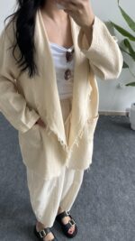 Nona Şal Yaka Müslin Ceket - Ekru - Görsel 4