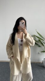 Nona Şal Yaka Müslin Ceket - Ekru - Görsel 3