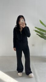 Örgü Desen Kapüşonlu Triko Takım - Siyah - Görsel 3