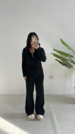 Örgü Desen Kapüşonlu Triko Takım - Siyah