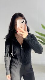 Örgü Desen Kapüşonlu Triko Takım - Siyah - Görsel 2