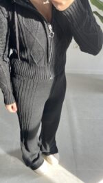 Örgü Desen Kapüşonlu Triko Takım - Siyah - Görsel 4