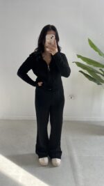 Örgü Desen Kapüşonlu Triko Takım - Siyah - Görsel 7