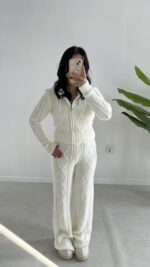 Örgü Desen Kapüşonlu Triko Takım - Ekru - Görsel 7