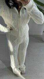 Örgü Desen Kapüşonlu Triko Takım - Ekru - Görsel 4