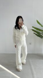 Örgü Desen Kapüşonlu Triko Takım - Ekru - Görsel 2