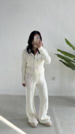 Örgü Desen Kapüşonlu Triko Takım - Ekru - Görsel 5