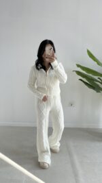 Örgü Desen Kapüşonlu Triko Takım - Ekru - Görsel 9