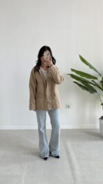 Ortis Kadife Yaka Detaylı Oversize Ceket - Sütlü Kahve - Görsel 4