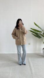 Ortis Kadife Yaka Detaylı Oversize Ceket - Sütlü Kahve - Görsel 6