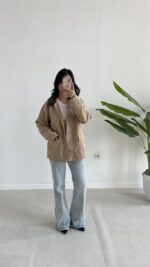 Ortis Kadife Yaka Detaylı Oversize Ceket - Sütlü Kahve - Görsel 3