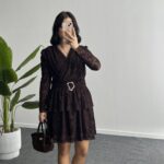 Ovara Flok Baskılı Elbise - Kahverengi