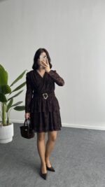 Ovara Flok Baskılı Elbise - Kahverengi