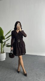 Ovara Flok Baskılı Elbise - Kahverengi - Görsel 6