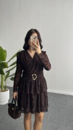 Ovara Flok Baskılı Elbise - Kahverengi - Görsel 2