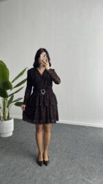 Ovara Flok Baskılı Elbise - Kahverengi - Görsel 8