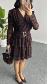 Ovara Flok Baskılı Elbise - Kahverengi - Görsel 7