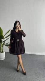 Ovara Flok Baskılı Elbise - Kahverengi - Görsel 3