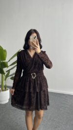 Ovara Flok Baskılı Elbise - Kahverengi - Görsel 5