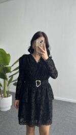 Ovara Flok Baskılı Elbise - Siyah - Görsel 2