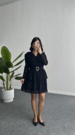 Ovara Flok Baskılı Elbise - Siyah - Görsel 4