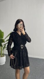 Ovara Flok Baskılı Elbise - Siyah - Görsel 5