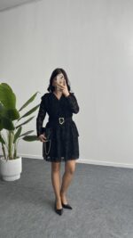 Ovara Flok Baskılı Elbise - Siyah