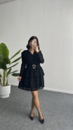 Ovara Flok Baskılı Elbise - Siyah - Görsel 3