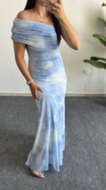 Sandes Tek Omuz Batik Desenli Kruvaze Tül Elbise - Bebe Mavi - Görsel 7