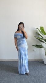 Sandes Tek Omuz Batik Desenli Kruvaze Tül Elbise - Bebe Mavi - Görsel 6