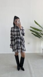 Tetra Volanlı Şifon Elbise - Antrasit - Görsel 2