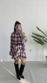 Tetra Volanlı Şifon Elbise - Mürdüm - Görsel 5