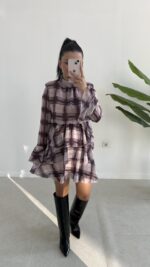 Tetra Volanlı Şifon Elbise - Mürdüm