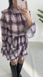 Tetra Volanlı Şifon Elbise - Mürdüm - Görsel 4