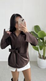 Velera Bağlamalı Gömlek - Kahve - Görsel 4
