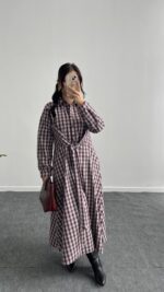 Velin Ekose Maxi Elbise - Bordo - Görsel 4