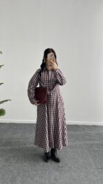 Velin Ekose Maxi Elbise - Bordo - Görsel 5