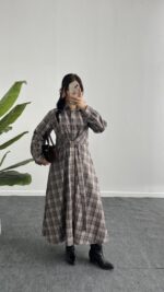 Velin Ekose Maxi Elbise - Kahve - Görsel 5