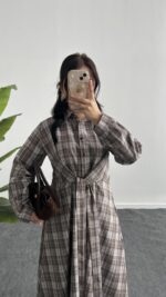 Velin Ekose Maxi Elbise - Kahve - Görsel 7