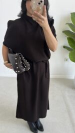 Volas Triko Kuşaklı Elbise - Kahve - Görsel 2