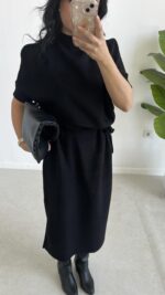 Volas Triko Kuşaklı Elbise - Siyah - Görsel 4