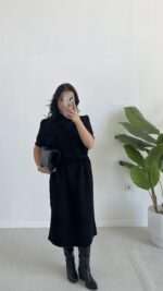 Volas Triko Kuşaklı Elbise - Siyah